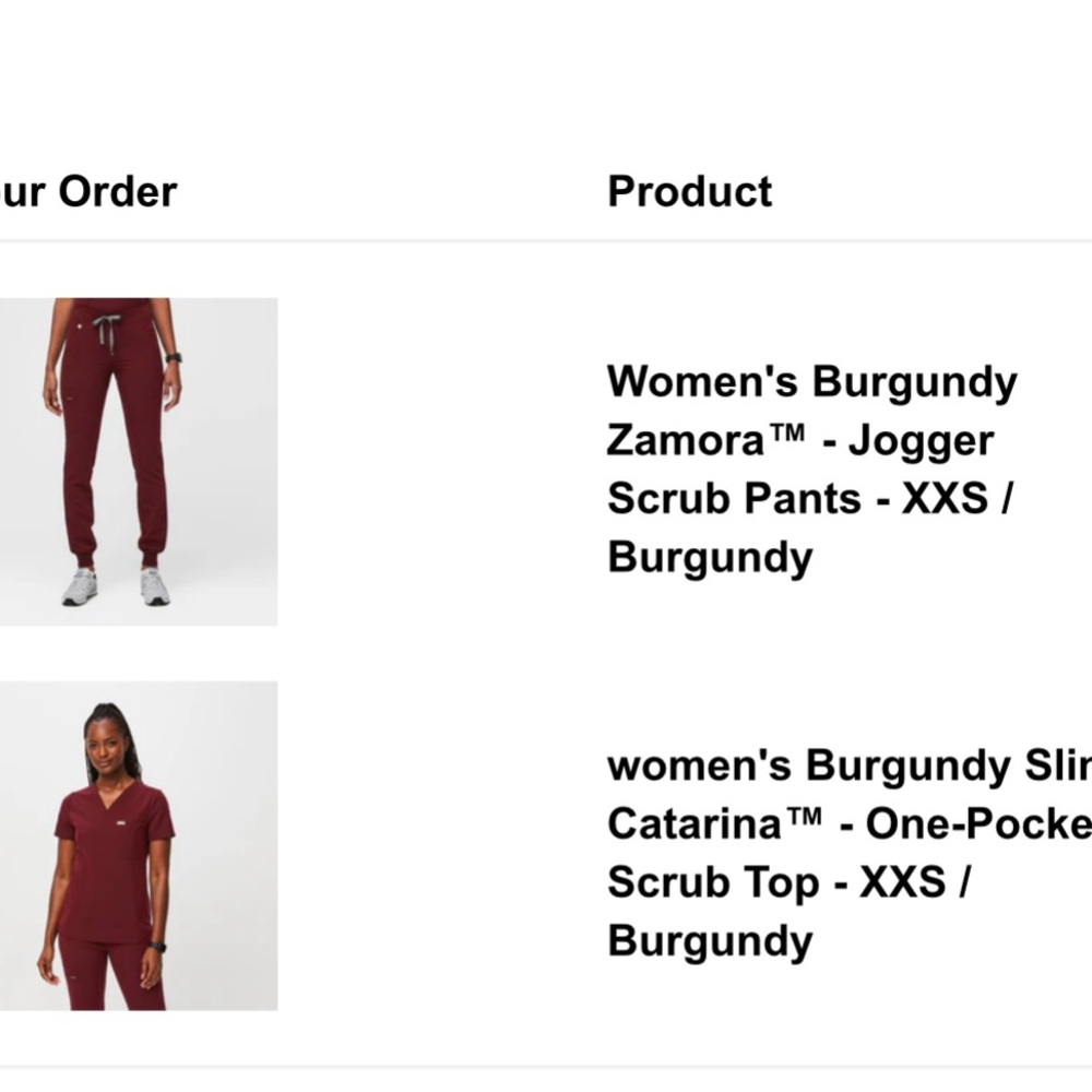 FIGS Women's Burgundy Scrub pants and top